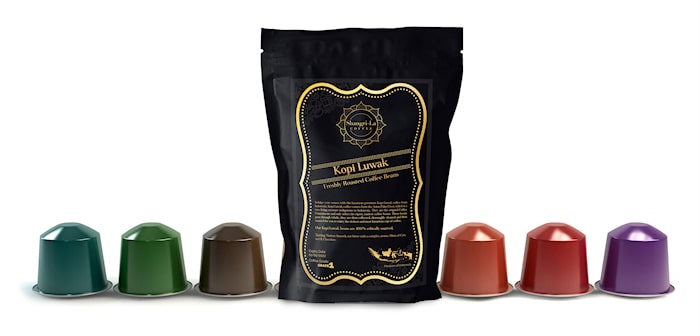 Coffee bag with brand labels and Shots